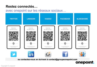 Copyright © onepoint
LINKEDIN VIADEOTWITTER FACEBOOK SLIDESHARE
Restez connectés…
avec onepoint sur les réseaux sociaux…
ou contactez-nous en écrivant à contact@groupeonepoint.com
Copyright © onepoint
 