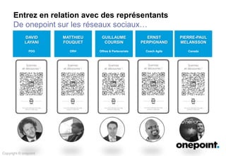 Copyright © onepoint
MATTHIEU
FOUQUET
DRH
GUILLAUME
COURSIN
CBD
DAVID
LAYANI
PDG
PIERRE-PAUL
MELANSSON
Canada
Entrez en relation avec des représentants
De onepoint sur les réseaux sociaux…
Copyright © onepoint
 