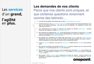 Les demandes de nos clients
Parce que nos clients sont uniques, et
que certaines questions reviennent
comme des leitmotiv…
Copyright © onepoint
Les services
d’un grand,
l’agilité
en plus.
 Comment puis-je exploiter mes données afin d’en faire un réel avantage concurrentiel ?
 Comment promouvoir une vision commune et transverse de mes données quand chaque département a une
vision et des besoins spécifiques . Que faire de tous mes datamarts qui dupliquent en partie toute
l’information commune ?
 Mon datawarehouse est construit en répliquant les modèles de données opérationnels : comment
transformer ces modèles en modèles décisionnels pertinents ?
 Mes utilisateurs sont dépendant des experts et des data analysts ce qui entraine un manque de célérité dans
la prise en compte des besoins. Comment réduire cette dépendance ? Quelle est la meilleurs organisation ?
Quels sont les meilleurs processus de collaboration ?
 Mes équipes sont compétentes pour réaliser elles même leurs requêtes, mais mon système s’écroule
régulièrement tous les Lundi matin quand mes équipes commerciales préparent leurs plans d’actions ?
Comment satisfaire à la fois mes besoins métiers et mes contraintes techniques?
 Le prix des licences s’envolent : qu’en est-il de l’open source? Quelles sont les tendances et les nouveaux
outils?
 Mes volumes de données sont importants et très couteux : comment m’assurer que je ne stocke que des
données utiles ? Et comment garantir la fiabilité de l’information ?
 Mes utilisateurs ont concentré tous leurs savoirs d’analyses dans des feuilles excels qu’ils alimentent eux
même ? Comment prendre en compte ce swadow IT et comment capitaliser sur ce savoir ? Comment
partager ce savoir ?
 Mes équipes IT sont submergées par la maintenance de milliers de rapports : comment construire une
architecture qui répondent à mes besoins stratégiques et opérationnels et qui soit réellement exploitable
dans le temps ?
 