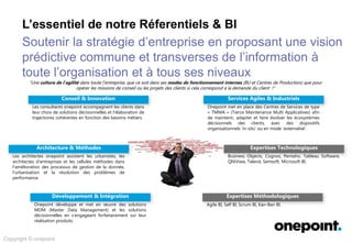Copyright © onepoint
L’essentiel de notre Réferentiels & BI
Soutenir la stratégie d’entreprise en proposant une vision
prédictive commune et transverses de l’information à
toute l’organisation et à tous ses niveaux
Les consultants onepoint accompagnent les clients dans
leur choix de solutions décisionnelles et l’élaboration de
trajectoires cohérentes en fonction des besoins métiers.
Les architectes onepoint assistent les urbanistes, les
architectes d’entreprises et les cellules méthodes dans
l’amélioration des processus de gestion de la donnée,
l’urbanisation et la résolution des problèmes de
performance.
Onepoint développe et met en œuvre des solutions
MDM (Master Data Management) et les solutions
décisionnelles en s’engageant forfaitairement sur leur
réalisation produits.
Onepoint met en place des Centres de Services de type
« TMMA » (Tierce Maintenance Multi Applicatives) afin
de maintenir, adapter et faire évoluer les écosystèmes
décisionnels des clients, avec des dispositifs
organisationnels ‘in-situ’ ou en mode ‘externalisé’.
Business Objects, Cognos, Pentaho, Tableau Software,
QlikView, Talend, Semsoft, Microsoft BI.
Agile BI, Self BI, Scrum BI, Kan-Ban BI.
Conseil & Innovation
Architecture & Méthodes
Développement & Intégration
Services Agiles & Industriels
Expertises Technologiques
Expertises Méthodologiques
“U culture de l’agilité modes de fonctionnement internes
 