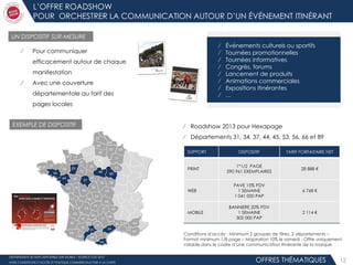 ⁄ Événements culturels ou sportifs
⁄ Tournées promotionnelles
⁄ Tournées informatives
⁄ Congrès, forums
⁄ Lancement de produits
⁄ Animations commerciales
⁄ Expositions itinérantes
⁄ …
L’OFFRE ROADSHOW
POUR ORCHESTRER LA COMMUNICATION AUTOUR D’UN ÉVÉNEMENT ITINÉRANT
OFFRES THÉMATIQUES WEB12
UN DISPOSITIF SUR-MESURE
EXEMPLE DE DISPOSITIF
SUPPORT DISPOSITIF TARIF FORFAITAIRE NET
PRINT
1*1/2 PAGE
590 961 EXEMPLAIRES
28 888 €
WEB
PAVE 15% PDV
1 SEMAINE
1 041 000 PAP
6 768 €
MOBILE
BANNIERE 20% PDV
1 SEMAINE
302 000 PAP
2 114 €
Conditions d’accès : Minimum 2 groupes de titres, 2 départements –
Format minimum 1/8 page – Majoration 10% le samedi - Offre uniquement
valable dans le cadre d’une communication itinérante de la marque
⁄ Pour communiquer
efficacement autour de chaque
manifestation
⁄ Avec une couverture
départementale au tarif des
pages locales
⁄ Roadshow 2013 pour Hexapage
⁄ Départements 31, 34, 37, 44, 45, 53, 56, 66 et 89
DEPARTEMENT 45 NON DISPONIBLE SUR MOBILE – SOURCE OJD 2012
HORS CONDITIONS D’ACCÈS ET POLITIQUE COMMERCIALE PQR A LA CARTE
 