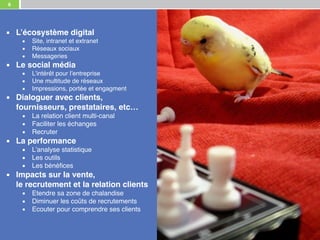 6
▪ L’écosystème digital
▪ Site, intranet et extranet
▪ Réseaux sociaux
▪ Messageries
▪ Le social média
▪ L’intérêt pour l’entreprise
▪ Une multitude de réseaux
▪ Impressions, portée et engagment
▪ Dialoguer avec clients,
fournisseurs, prestataires, etc…
▪ La relation client multi-canal
▪ Faciliter les échanges
▪ Recruter
▪ La performance
▪ L’analyse statistique
▪ Les outils
▪ Les bénéfices
▪ Impacts sur la vente, 
le recrutement et la relation clients
▪ Etendre sa zone de chalandise
▪ Diminuer les coûts de recrutements
▪ Ecouter pour comprendre ses clients
 