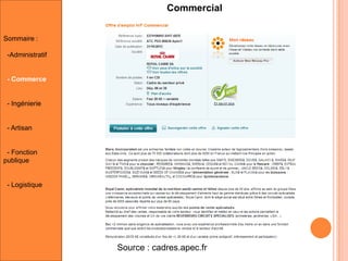 Commercial
Sommaire :
-Administratif

- Commerce

- Ingénierie

- Artisan

- Fonction
publique

- Logistique

Source : cadres.apec.fr

 