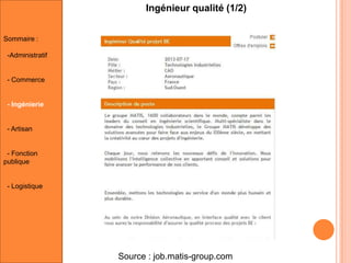 Ingénieur qualité (1/2)
Sommaire :
-Administratif

- Commerce

- Ingénierie

- Artisan

- Fonction
publique

- Logistique

Source : job.matis-group.com

 