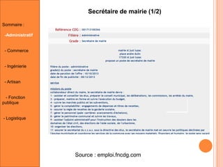 Secrétaire de mairie (1/2)
Sommaire :
-Administratif

- Commerce

- Ingénierie

- Artisan

- Fonction
publique

- Logistique

Source : emploi.fncdg.com

 