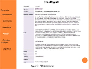 Chauffagiste
Sommaire :
-Administratif

- Commerce

- Ingénierie

- Artisan

- Fonction
publique

- Logistique

Source: Officiel.interim

 