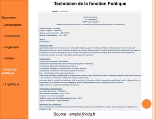 Technicien de la fonction Publique
Sommaire :
-Administratif

- Commerce

- Ingénierie

- Artisan

- Fonction
publique

- Logistique

Source : emploi.fncdg.fr

 