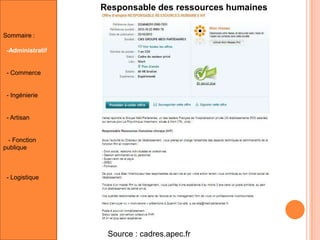 Responsable des ressources humaines
Sommaire :
-Administratif

- Commerce

- Ingénierie

- Artisan

- Fonction
publique

- Logistique

Source : cadres.apec.fr

 