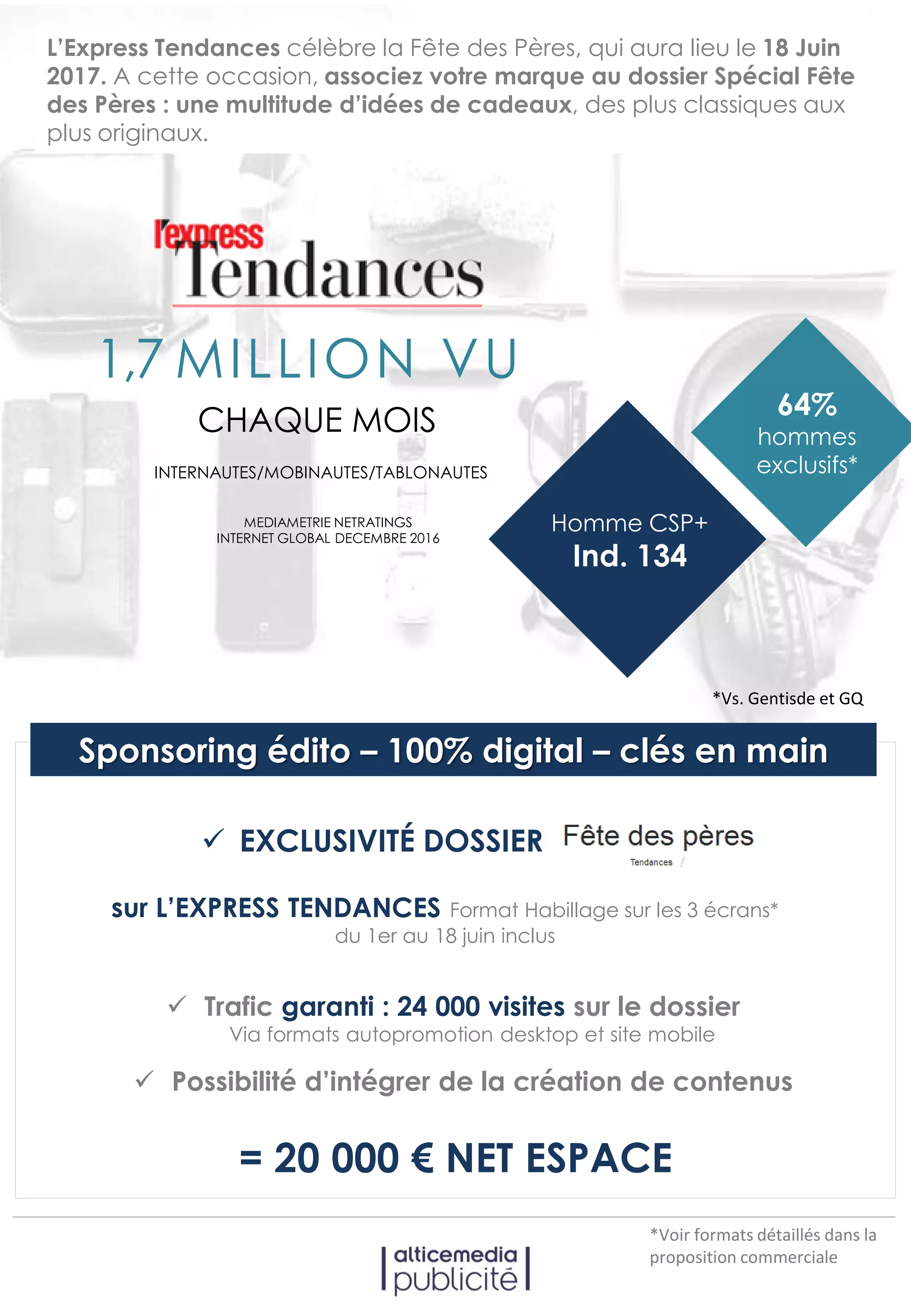 L’Express Tendances célèbre la Fête des Pères, qui aura lieu le 18 Juin
2017. A cette occasion, associez votre marque au dossier Spécial Fête
des Pères : une multitude d’idées de cadeaux, des plus classiques aux
plus originaux.
EXCLUSIVITÉ DOSSIER HOPPING
sur L’EXPRESS TENDANCES Format Habillage sur les 3 écrans*
du 1er au 18 juin inclus
Trafic garanti : 24 000 visites sur le dossier
Via formats autopromotion desktop et site mobile
= 20 000 € NET ESPACE
Possibilité d’intégrer de la création de contenus
*Voir formats détaillés dans la
proposition commerciale
Sponsoring édito – 100% digital – clés en main
INTERNAUTES/MOBINAUTES/TABLONAUTES
CHAQUE MOIS
1,7 MILLION VU
MEDIAMETRIE NETRATINGS
INTERNET GLOBAL DECEMBRE 2016
64%
hommes
exclusifs*
Homme CSP+
Ind. 134
*Vs. Gentisde et GQ