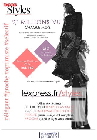 INTERNAUTES/MOBINAUTES/TABLONAUTES
CHAQUE MOIS
2,1 MILLIONS VU
Offrir aux femmes
LE LUXE D’UN TEMPS D’AVANCE,
avec une INFORMATION CHOISIE,
PRÉCISE quand le sujet est complexe,
PROCHE quand le sujet vous touche.
lexpress.fr/styles
#élégant#proche#optimiste#sélectif
37%
femmes
exclusives*
Femme 25-49 ans
CSP+
Ind. 160
*Vs. Elle, Marie Claire et Madame Figaro
MEDIAMETRIE NETRATINGS
INTERNET GLOBAL DECEMBRE 2016
 