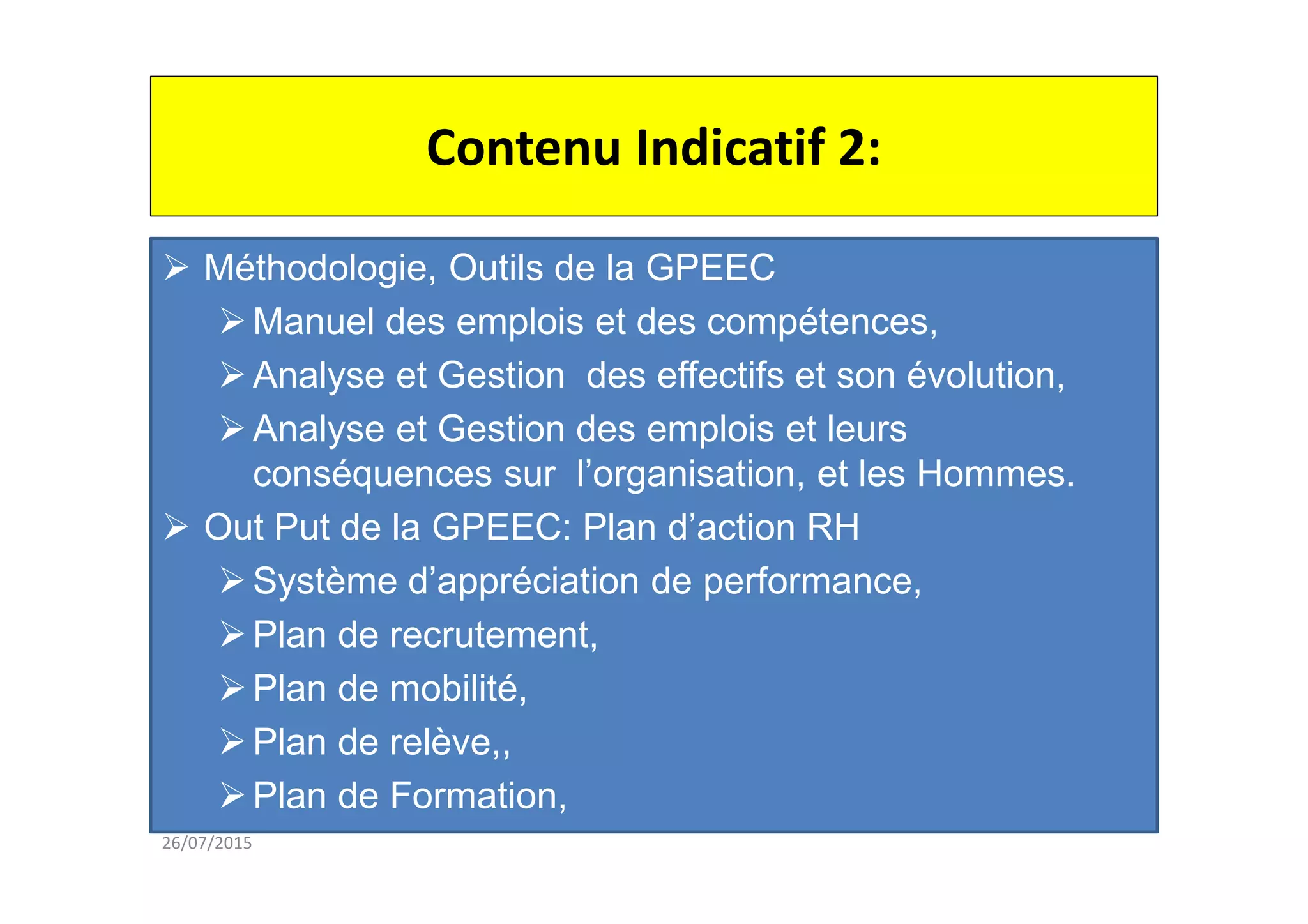 Contenu Indicatif 2:
26/07/2015
Méthodologie, Outils de la GPEEC
Manuel des emplois et des compétences,
Analyse et Gestion des effectifs et son évolution,
Analyse et Gestion des emplois et leurs
conséquences sur l’organisation, et les Hommes.
Out Put de la GPEEC: Plan d’action RH
Système d’appréciation de performance,
Plan de recrutement,
Plan de mobilité,
Plan de relève,,
Plan de Formation,
 