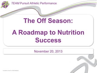 TEAM Pursuit Athletic Performance

The Off Season:
A Roadmap to Nutrition
Success
November 20, 2013

© PURSUIT ATHLETIC PERFORMANCE

 