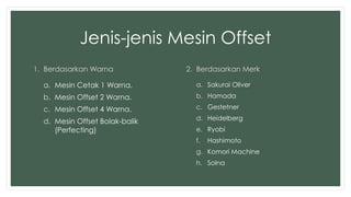 Jenis-jenis Mesin Offset 
1. Berdasarkan Warna 
a. Mesin Cetak 1 Warna. 
b. Mesin Offset 2 Warna. 
c. Mesin Offset 4 Warna. 
d. Mesin Offset Bolak-balik 
(Perfecting) 
2. Berdasarkan Merk 
a. Sakurai Oliver 
b. Hamada 
c. Gestetner 
d. Heidelberg 
e. Ryobi 
f. Hashimoto 
g. Komori Machine 
h. Solna 
 