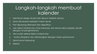 Langkah-langkah membuat 
kalender 
1. Membuat design di plat dan disusun terlebih dahulu 
2. Data dimasukan kedalam mesin olyver 
3. Plat dipasang ditempat dan dijepitkan 
4. Lalu tekan tombol star untuk memulai, dan kertas akan berjalan sendiri 
dengan rol pengantarnya 
5. Jika sudah selesai tekan tombol stop 
6. Kertas dirapikan dan dibolongkan dengan mesin spiral kawat 
7. Spiral kawat dipasang 
8. Selesai 
 