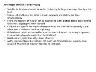 Advantages of Plane Table Surveying
• Suitable for location of details as well as contouring for large scale maps directly in the
field.
• Chances of omitting of any detail is less as surveying and plotting are done
simultaneously
• Errors and accuracy of the plot can be ascertained as the plotted details get compared
with actual objects present in the field
• Contours and specific features can be represented and checked conveniently as the
whole area is in view at the time of plotting
• Only relevant details are located because the map is drawn as the survey progresses.
Irrelevant details can be omitted on the field itself.
• Rapid and less costly than other types of survey
• As the instruments used are simple, not much skill for operation of instruments is
required. This method of survey requires no field book.
 