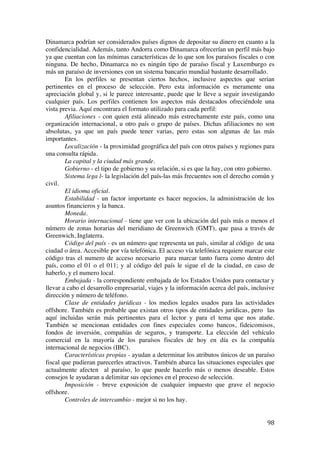  
	
  
98	
  
Dinamarca podrían ser considerados países dignos de depositar su dinero en cuanto a la
confidencialidad. Además, tanto Andorra como Dinamarca ofrecerían un perfil más bajo
ya que cuentan con las mínimas características de lo que son los paraísos fiscales o con
ninguna. De hecho, Dinamarca no es ningún tipo de paraíso fiscal y Luxemburgo es
más un paraíso de inversiones con un sistema bancario mundial bastante desarrollado.
En los perfiles se presentan ciertos hechos, inclusive aspectos que serian
pertinentes en el proceso de selección. Pero esta información es meramente una
apreciación global y, si le parece interesante, puede que le lleve a seguir investigando
cualquier país. Los perfiles contienen los aspectos más destacados ofreciéndole una
vista previa. Aquí encontrara el formato utilizado para cada perfil:
Afiliaciones - con quien está alineado más estrechamente este país, como una
organización internacional, u otro país o grupo de países. Dichas afiliaciones no son
absolutas, ya que un país puede tener varias, pero estas son algunas de las más
importantes.
Localización - la proximidad geográfica del país con otros países y regiones para
una consulta rápida.
La capital y la ciudad más grande.
Gobierno - el tipo de gobierno y su relación, si es que la hay, con otro gobierno.
Sistema lega l- la legislación del país-las más frecuentes son el derecho común y
civil.
El idioma oficial.
Estabilidad - un factor importante es hacer negocios, la administración de los
asuntos financieros y la banca.
Moneda.
Horario internacional - tiene que ver con la ubicación del país más o menos el
número de zonas horarias del meridiano de Greenwich (GMT), que pasa a través de
Greenwich, Inglaterra.
Código del país - es un número que representa un país, similar al código de una
ciudad o área. Accesible por vía telefónica. El acceso vía telefónica requiere marcar este
código tras el numero de acceso necesario para marcar tanto fuera como dentro del
país, como el 01 o el 011; y al código del país le sigue el de la ciudad, en caso de
haberlo, y el numero local.
Embajada - la correspondiente embajada de los Estados Unidos para contactar y
llevar a cabo el desarrollo empresarial, viajes y la información acerca del país, inclusive
dirección y número de teléfono.
Clase de entidades jurídicas - los medios legales usados para las actividades
offshore. También es probable que existan otros tipos de entidades jurídicas, pero las
aquí incluidas serán más pertinentes para el lector y para el tema que nos atañe.
También se mencionan entidades con fines especiales como bancos, fideicomisos,
fondos de inversión, compañías de seguros, y transporte. La elección del vehículo
comercial en la mayoría de los paraísos fiscales de hoy en día es la compañía
internacional de negocios (IBC).
Características propias - ayudan a determinar los atributos únicos de un paraíso
fiscal que pudieran parecerles atractivos. También abarca las situaciones especiales que
actualmente afecten al paraíso, lo que puede hacerlo más o menos deseable. Estos
consejos le ayudaran a delimitar sus opciones en el proceso de selección.
Imposición - breve exposición de cualquier impuesto que grave el negocio
offshore.
Controles de intercambio - mejor si no los hay.
 