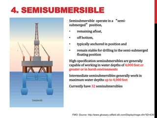 4. SEMISUBMERSIBLE 
Semisubmersible operate in a “semi-submerged” 
position, 
• remaining afloat, 
• off bottom, 
• typically anchored in position and 
• remain stable for drilling in the semi-submerged 
floating position 
High-specification semisubmersibles are generally 
capable of working in water depths of 4,000 feet or 
greater or in harsh environments 
Intermediate semisubmersibles generally work in 
maximum water depths up to 4,000 feet 
Currently have 32 semisubmersibles 
FMO: Source: http://www.glossary.oilfield.slb.com/DisplayImage.cfm?ID=639 
 