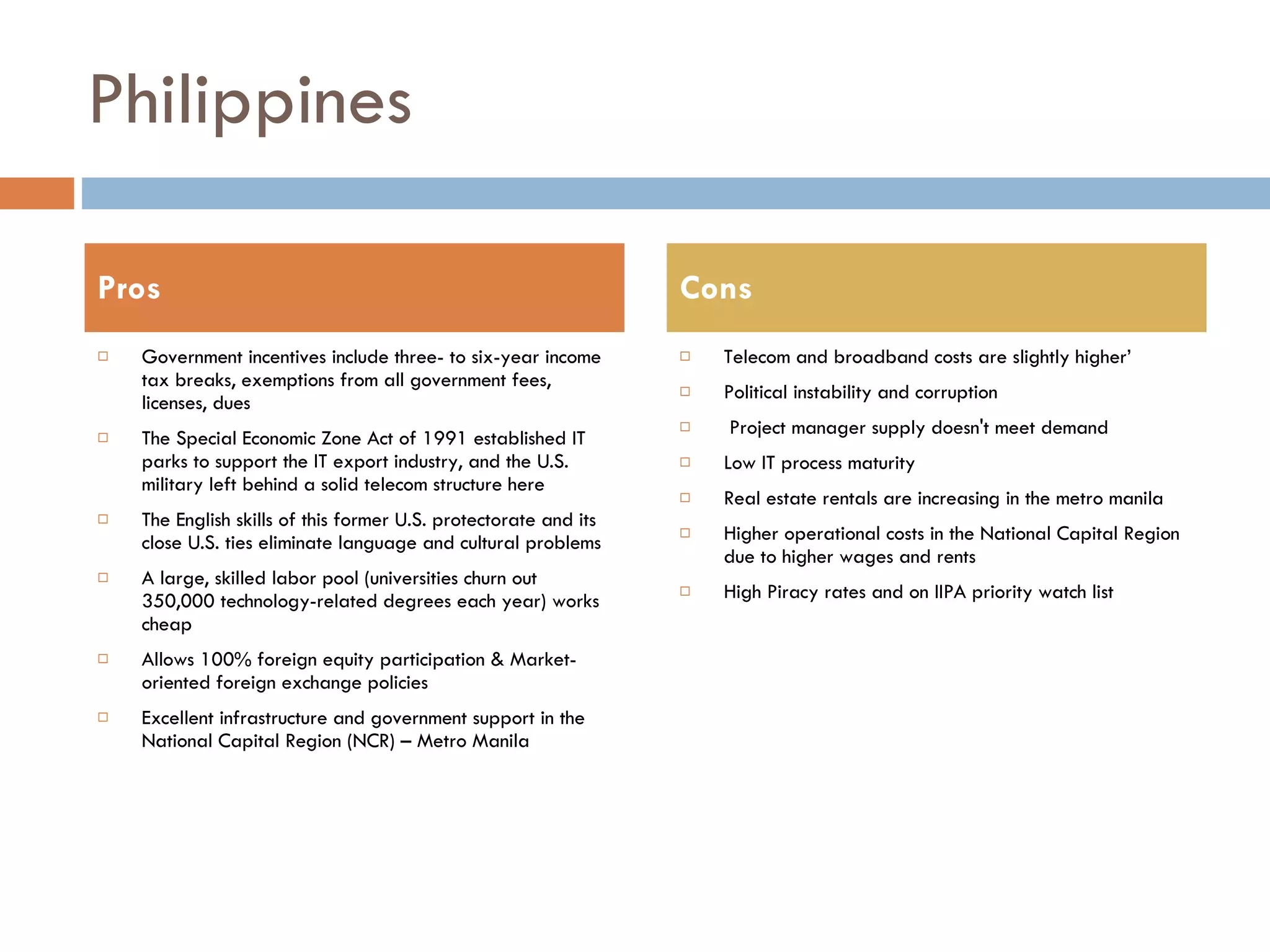 Philippines Government incentives include three- to six-year income tax breaks, exemptions from all government fees, licenses, dues The Special Economic Zone Act of 1991 established IT parks to support the IT export industry, and the U.S. military left behind a solid telecom structure here The English skills of this former U.S. protectorate and its close U.S. ties eliminate language and cultural problems A large, skilled labor pool (universities churn out 350,000 technology-related degrees each year) works cheap Allows 100% foreign equity participation & Market-oriented foreign exchange policies Excellent infrastructure and government support in the National Capital Region (NCR) – Metro Manila Telecom and broadband costs are slightly higher’ Political instability and corruption Project manager supply doesn't meet demand Low IT process maturity Real estate rentals are increasing in the metro manila Higher operational costs in the National Capital Region due to higher wages and rents High Piracy rates and on IIPA priority watch list Pros Cons 