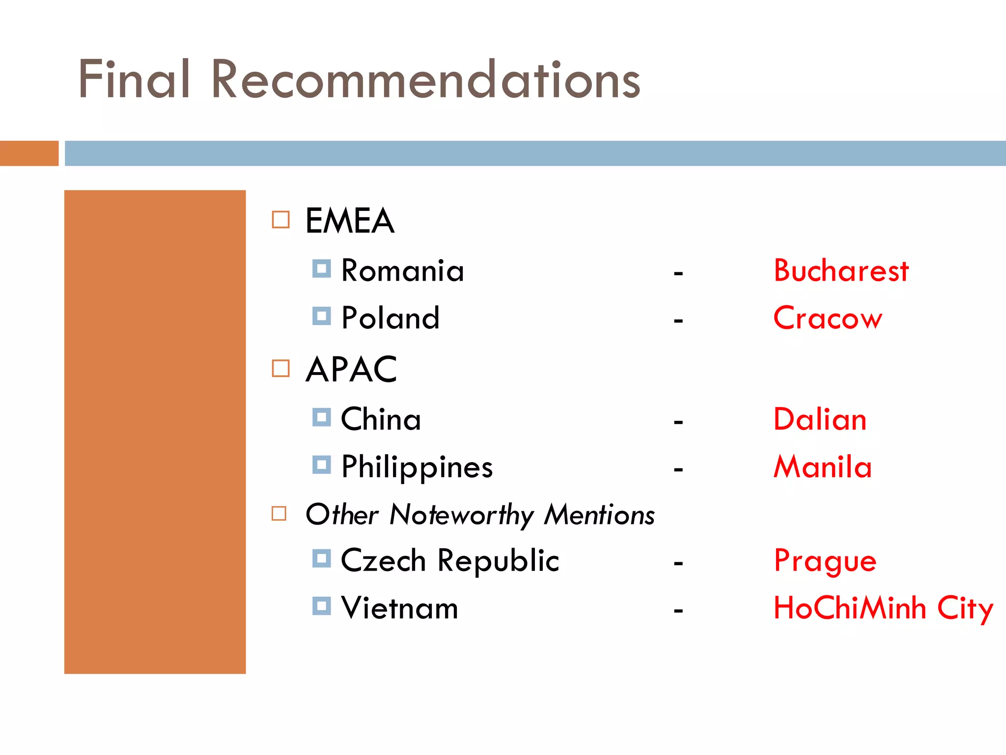 Final Recommendations EMEA Romania - Bucharest Poland - Cracow APAC China - Dalian Philippines -  Manila Other Noteworthy Mentions Czech Republic - Prague Vietnam - HoChiMinh City 