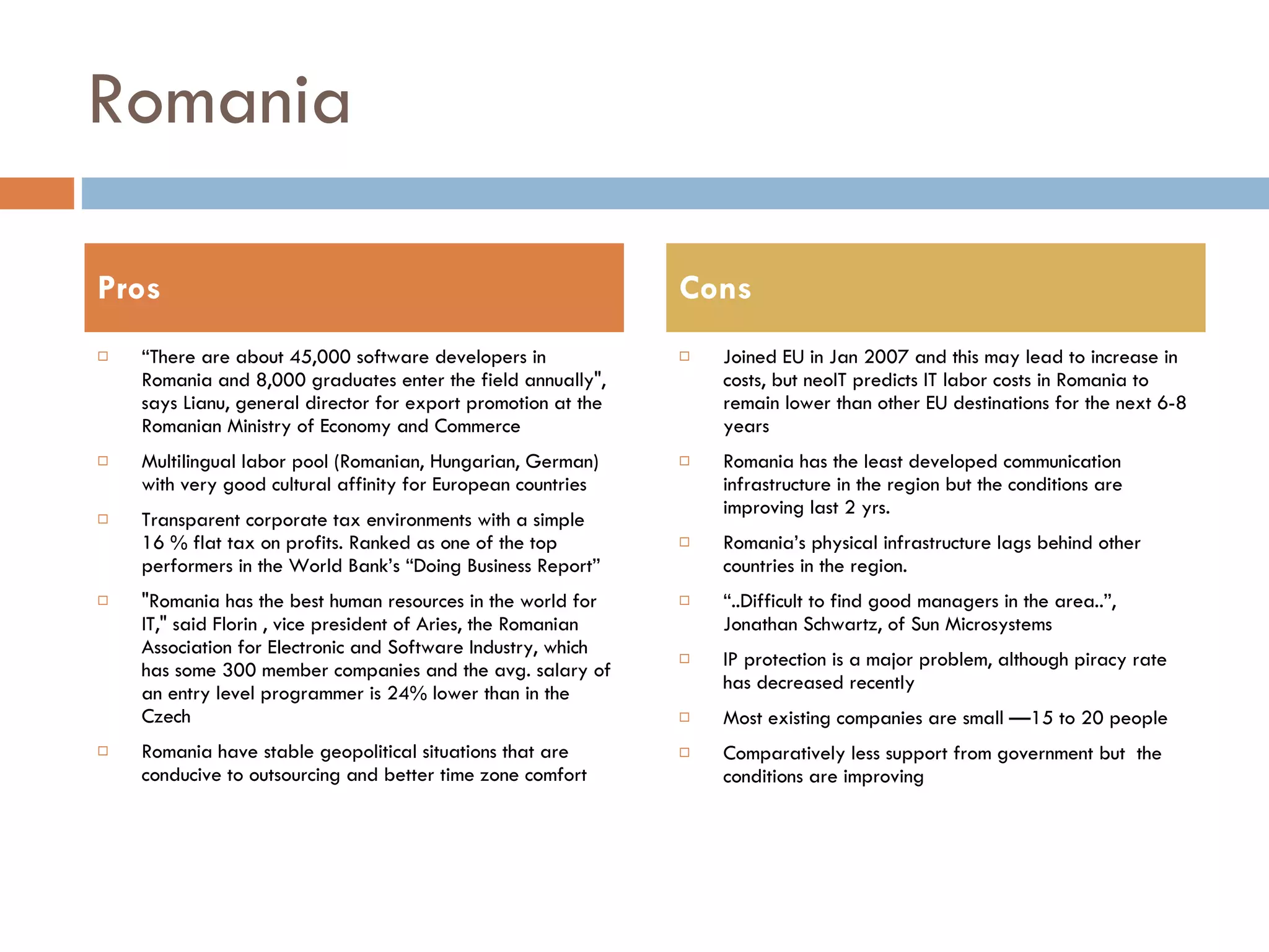 Romania “ There are about 45,000 software developers in Romania and 8,000 graduates enter the field annually", says Lianu, general director for export promotion at the Romanian Ministry of Economy and Commerce Multilingual labor pool (Romanian, Hungarian, German) with very good cultural affinity for European countries Transparent corporate tax environments with a simple 16 % flat tax on profits. Ranked as one of the top performers in the World Bank’s “Doing Business Report” "Romania has the best human resources in the world for IT," said Florin , vice president of Aries, the Romanian Association for Electronic and Software Industry, which has some 300 member companies and the avg. salary of an entry level programmer is 24% lower than in the Czech Romania have stable geopolitical situations that are conducive to outsourcing and better time zone comfort Joined EU in Jan 2007 and this may lead to increase in costs, but neoIT predicts IT labor costs in Romania to remain lower than other EU destinations for the next 6-8 years Romania has the least developed communication infrastructure in the region but the conditions are improving last 2 yrs. Romania’s physical infrastructure lags behind other countries in the region. “ ..Difficult to find good managers in the area..”, Jonathan Schwartz, of Sun Microsystems IP protection is a major problem, although piracy rate has decreased recently Most existing companies are small —15 to 20 people Comparatively less support from government but  the conditions are improving Pros Cons 