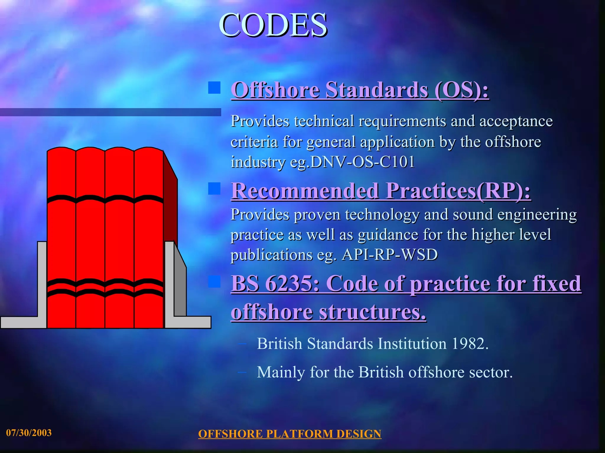 CODES
              s   Offshore Standards (OS):
                  Provides technical requirements and acceptance
                  criteria for general application by the offshore
                  industry eg.DNV-OS-C101
              s   Recommended Practices(RP):
                  Provides proven technology and sound engineering
                  practice as well as guidance for the higher level
                  publications eg. API-RP-WSD
              s   BS 6235: Code of practice for fixed
                  offshore structures.
                   – British Standards Institution 1982.
                   – Mainly for the British offshore sector.


07/30/2003   OFFSHORE PLATFORM DESIGN
 