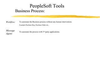 PeopleSoft Tools Business Process: Workflow: Message Agent: To automate the process with 3 rd  party applications. To automate the Business process without any human intervention. Example Purchase Req, Purchase Order etc., 