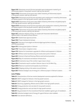 Contents	ix
Figure 11.9: Vietnamese annual full-time equivalent years employment created by all
Vietnamese projects in low growth scenario, split by cost element .  .  .  .  .  .  .  .  .  .  .  .  .  .  .  .  .  .  .  .  .  .  .  .  .  .  .  .  .  .  .  . 84
Figure 11.10: Vietnamese annual gross value added created by all Vietnamese projects
in low growth scenario, split by cost element .  .  .  .  .  .  .  .  .  .  .  .  .  .  .  .  .  .  .  .  .  .  .  .  .  .  .  .  .  .  .  .  .  .  .  .  .  .  .  .  .  .  .  .  .  .  .  .  .  .  . 85
Figure 11.11: Vietnamese annual full-time equivalent years employment created by Vietnamese
and global projects in the high growth scenario, split by cost element .  .  .  .  .  .  .  .  .  .  .  .  .  .  .  .  .  .  .  .  .  .  .  .  .  .  .  .  . 85
Figure 11.12: Vietnamese annual gross value added created by Vietnamese and global projects
in the high growth scenario, split by cost element .  .  .  .  .  .  .  .  .  .  .  .  .  .  .  .  .  .  .  .  .  .  .  .  .  .  .  .  .  .  .  .  .  .  .  .  .  .  .  .  .  .  .  .  .  .  . 86
Figure 11.13: Vietnamese annual full-time equivalent years employment created by Vietnamese
and global projects in the low growth scenario, split by cost element .  .  .  .  .  .  .  .  .  .  .  .  .  .  .  .  .  .  .  .  .  .  .  .  .  .  .  .  .  . 86
Figure 11.14: Vietnamese annual gross value added created by Vietnamese and global projects
in the low growth scenario, split by cost element .  .  .  .  .  .  .  .  .  .  .  .  .  .  .  .  .  .  .  .  .  .  .  .  .  .  .  .  .  .  .  .  .  .  .  .  .  .  .  .  .  .  .  .  .  .  .  . 87
Figure 12.1: Indicative shipping activity, for vessels with Automatic Identification
Systems (AIS), in the waters around Vietnam .  .  .  .  .  .  .  .  .  .  .  .  .  .  .  .  .  .  .  .  .  .  .  .  .  .  .  .  .  .  .  .  .  .  .  .  .  .  .  .  .  .  .  .  .  .  .  .  .  .  . 98
Figure 13.1: Seabed lease approval process .  .  .  .  .  .  .  .  .  .  .  .  .  .  .  .  .  .  .  .  .  .  .  .  .  .  .  .  .  .  .  .  .  .  .  .  .  .  .  .  .  .  .  .  .  .  .  .  .  .  .  . 105
Figure 13.2: Project development phases  .  .  .  .  .  .  .  .  .  .  .  .  .  .  .  .  .  .  .  .  .  .  .  .  .  .  .  .  .  .  .  .  .  .  .  .  .  .  .  .  .  .  .  .  .  .  .  .  .  .  .  .  . 107
Figure 14.1: Overview of centralized and decentralized approaches to leasing
and PPA procurement .  .  .  .  .  .  .  .  .  .  .  .  .  .  .  .  .  .  .  .  .  .  .  .  .  .  .  .  .  .  .  .  .  .  .  .  .  .  .  .  .  .  .  .  .  .  .  .  .  .  .  .  .  .  .  .  .  .  .  .  .  .  .  .  .  .  .  .  .  .  . 123
Figure 17.1: Existing power plants in Vietnam .  .  .  .  .  .  .  .  .  .  .  .  .  .  .  .  .  .  .  .  .  .  .  .  .  .  .  .  .  .  .  .  .  .  .  .  .  .  .  .  .  .  .  .  .  .  .  .  .  . 143
Figure 17.2: Transmission congestion areas  .  .  .  .  .  .  .  .  .  .  .  .  .  .  .  .  .  .  .  .  .  .  .  .  .  .  .  .  .  .  .  .  .  .  .  .  .  .  .  .  .  .  .  .  .  .  .  .  .  .  . 143
Figure 17.3: Options for transmission upgrades for offshore wind expansion in Vietnam .  .  .  .  .  .  .  .  .  .  . 148
Figure 18.1: Offshore wind manufacturing and construction ports in Vietnam .  .  .  .  .  .  .  .  .  .  .  .  .  .  .  .  .  .  .  . 155
Figure 20.1: Vietnam’s fixed and floating offshore wind technical potential .  .  .  .  .  .  .  .  .  .  .  .  .  .  .  .  .  .  .  .  .  .  .  . 171
Figure 20.2: Map of constraints and relevant infrastructure . . . . . . . . . . . . . . . . . . . . . . . . . . . . . . . . . . . . 173
Figure 20.3: Constraints map of the northern region close to Hanoi .  .  .  .  .  .  .  .  .  .  .  .  .  .  .  .  .  .  .  .  .  .  .  .  .  .  .  .  .  . 174
Figure 20.4: Constraints map for southern Vietnam close to Ho Chi Minh City .  .  .  .  .  .  .  .  .  .  .  .  .  .  .  .  .  .  .  .  . 174
Figure 20.5: Maximum sustained wind speeds around Vietnam .  .  .  .  .  .  .  .  .  .  .  .  .  .  .  .  .  .  .  .  .  .  .  .  .  .  .  .  .  .  .  .  . 175
Figure 20.6: Shipping activity in the waters around Vietnam  .  .  .  .  .  .  .  .  .  .  .  .  .  .  .  .  .  .  .  .  .  .  .  .  .  .  .  .  .  .  .  .  .  .  .  . 177
Figure 20.7: Relative levelized cost of energy for a reference project in Vietnam’s waters .  .  .  .  .  .  .  .  .  . 178
List of Tables
Table 2.1: Characteristics of the two market development scenarios explored for Vietnam .  .  .  .  .  .  .  .  .  .  . 2
Table 3.1: SWOT analysis for Vietnam in the low growth scenario .  .  .  .  .  .  .  .  .  .  .  .  .  .  .  .  .  .  .  .  .  .  .  .  .  .  .  .  .  .  .  .  . 12
Table 4.1: SWOT analysis for Vietnam in the high growth scenario .  .  .  .  .  .  .  .  .  .  .  .  .  .  .  .  .  .  .  .  .  .  .  .  .  .  .  .  .  .  .  .  . 18
Table 8.1: Electricity supplied by offshore wind to 2050 in the high growth scenario  .  .  .  .  .  .  .  .  .  .  .  .  .  .  . 42
Table 8.2: Energy production and cost data for low growth scenario .  .  .  .  .  .  .  .  .  .  .  .  .  .  .  .  .  .  .  .  .  .  .  .  .  .  .  .  .  . 45
Table 8.3: Energy production and cost data for high growth scenario .  .  .  .  .  .  .  .  .  .  .  .  .  .  .  .  .  .  .  .  .  .  .  .  .  .  .  .  . 46
Table 9.1: Key parameters for the conventional fixed site modelled, against year of installation .  .  .  .  . 48
Table 9.2: Indicative levelized costs of energy for typical Vietnam sites modelled .  .  .  .  .  .  .  .  .  .  .  .  .  .  .  .  .  . 49
Table 9.3: Cost element definitions .  .  .  .  .  .  .  .  .  .  .  .  .  .  .  .  .  .  .  .  .  .  .  .  .  .  .  .  .  .  .  .  .  .  .  .  .  .  .  .  .  .  .  .  .  .  .  .  .  .  .  .  .  .  .  .  .  .  .  . 58
75983_ESMAP_Tech Report VM Wind-NEW.indd 9
75983_ESMAP_Tech Report VM Wind-NEW.indd 9 3/19/21 12:25 PM
3/19/21 12:25 PM
 