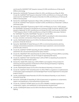 13.  Leasing and Permitting	111
and Circular No. 02/2019/TT-BCT (issued on January 15, 2019, and effective as of February 28,
2019) on wind energy.
	
■ Decision No. 24/2014/QD-TTg (issued on March 24, 2014, and effective as of May 10, 2014),
Circular No. 44/2015/TT-BCT (issued on December 9, 2015, and effective as of January 25, 2016),
and Circular No. 54/2018/TT-BCT (issued on December 25, 2018, and effective as of February 18,
2019) on biomass power.
	
■ Decision No. 31/2014/QD-TTg (issued on May 5, 2014, and effective as of June 20, 2014) and
Circular No. 32/2015/TT-BCT (issued on October 8, 2015, and effective as of December 7, 2015) on
solid waste power.
	
■ Decision No. 11/2017/QD-TTg (issued on April 11, 2017, and effective as of June 1, 2017), Decision
No. 02/2019/QD-TTg (issued on and effective as of January 8, 2018), Circular No. 16/2017/TT-BCT
(issued on September 12, 2017, and effective as of October 26, 2017), and Circular No. 05/2019/
TT-BCT (issued on March 11, 2019, and effective as of April 25, 2019) on solar power. Decisions
No. 11/2017/QD-TTg and No. 02/2019/QD-TTg expire on June 30, 2019.
	
■ Circular No. 10/2015/TT-BCT dated May 29, 2015 of MOIT on providing for order and procedures
for issue, revocation, and duration of electricity activity permit, Article 10.
	
■ Law No. 55/2014/QH13 dated June 23, 2014 of the National Assembly on environmental
protection, Article 20, Article 22.
	
■ Decree No. 18/2015/ND-CP dated February 14, 2015 on environmental protection planning,
strategic environmental assessment, environmental impact assessment, and environmental
protection plan, Article 14.
	
■ Circular No. 27/2015/TT-BTNMT dated May 29, 2015 of MONRE on strategic environmental
assessment, IEA, and environmental protection plans, Article 6.
	
■ Circular No. 218/2010/TT-BTC dated December 29, 2010 of Ministry of Finance (MOF) on providing
for the payment, management, and use of charges for appraising ESIA reports.
	
■ Circular No. 40/2014/TT-BCT dated November 5, 2014 of MOIT on stipulating the procedure for
dispatching of the national power system.
	
■ Decision No. 45/QD-DTDL dated July 1, 2015 of ERAV on promulgation of the procedure for
examining and issuing operation certificates for officers directly participating in regulating,
operating the national electricity system.
	
■ Law No. 50/2014/QH13 dated June 18, 2014 of the National Assembly on Construction.
	
■ Circular No. 32/2012/TT-BCT dated November 12, 2012 of MOIT on regulations on implementation
of wind power projects development and Standardized Power Purchase Agreement for wind power
projects, Article 7.
	
■ Law No. 45/2013/QH13 dated November 29, 2013 of the National Assembly on Land, Article 4,
Article 69, Article 126.
	
■ Decree No. 47/2014/NĐ-CP dated May 15, 2014 of government on regulations on compensation,
support, and resettlement on land expropriation by government.
	
■ Circular No. 37/2014/TT-BTNMT dated June 30, 2014 of MONRE on detailed regulations on
compensation, support, and resettlement on land expropriation by government.
	
■ Law No. 27/2001/QH10 dated June 29, 2001 of the National Assembly on fire prevention and
fighting.
75983_ESMAP_Tech Report VM Wind-NEW.indd 111
75983_ESMAP_Tech Report VM Wind-NEW.indd 111 3/19/21 12:25 PM
3/19/21 12:25 PM
 