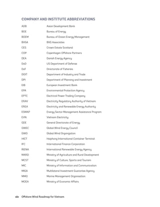 xiv	 Offshore Wind Roadmap for Vietnam
COMPANY AND INSTITUTE ABBREVIATIONS
ADB Asian Development Bank
BOE Bureau of Energy
BOEM Bureau of Ocean Energy Management
BVGA BVG Associates
CES Crown Estate Scotland
COP Copenhagen Offshore Partners
DEA Danish Energy Agency
DoD US Department of Defense
DoF Directorate of Fisheries
DOIT Department of Industry and Trade
DPI Department of Planning and Investment
EIB European Investment Bank
EPA Environmental Protection Agency
EPTC Electrical Power Trading Company
ERAV Electricity Regulatory Authority of Vietnam
EREA Electricity and Renewable Energy Authority
ESMAP Energy Sector Management Assistance Program
EVN Vietnam Electricity
GDE General Directorate of Energy
GWEC Global Wind Energy Council
GWO Global Wind Organization
HICT Haiphong International Container Terminal
IFC International Finance Corporation
IRENA International Renewable Energy Agency
MARD Ministry of Agriculture and Rural Development
MCST Ministry of Culture, Sports and Tourism
MIC Ministry of Information and Communication
MIGA Multilateral Investment Guarantee Agency
MMO Marine Management Organisation
MOEA Ministry of Economic Affairs
75983_ESMAP_Tech Report VM Wind-NEW.indd 14
75983_ESMAP_Tech Report VM Wind-NEW.indd 14 3/19/21 12:25 PM
3/19/21 12:25 PM
 
