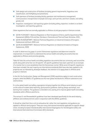 138	 Offshore Wind Roadmap for Vietnam
	
■ Safe design and construction of facilities (including general requirements, hazardous area
classification, and firefighting and prevention),
	
■ Safe operation of facilities (including facility operation and maintenance management,
communication, transportation of people and cargo, work permits, wind farm vessels, and safety
zones), and
	
■ Inspection, investigation, and reporting system (including safety inspection, incident or accident
investigation, and reporting systems).
Other regulations that are normally applicable to offshore oil and gas projects in Vietnam include:
	
■ QCVN 11:2012/BCT—National Regulation on Risk Acceptance Criteria used for Quantitative Risk
Assessment (QRA) of Oil and Gas, Petroleum, Chemicals and Thermal Power Activities, 2012,
	
■ QCVN 19:2009/BTNMT—National Technical Regulation on Industrial Emissions of Inorganic
Substances and Dust, 2009, and
	
■ QCVN 20:2009/BTNMT—National Technical Regulation on Industrial Emissions of Organic
Substances, 2009.
In order to determine any gaps in current Vietnamese regulations and determine areas for
improvement, it is important to understand the various health and safety documents that are
applicable to offshore wind activities globally.
Table 16.1 lists the various health and safety legislation documents that are commonly used around the
world, along with some that are UK specific. UK specific guidelines have been used here as an example
of a market that is more established than the Vietnamese market. While some UK specific regulations
have been included, the vast majority are international standards (that have also been applied to UK
projects) and, as indicated by developer feedback, the intention is to apply these to offshore wind
projects in Vietnam.
In the UK, the Construction, Design and Management (CDM) regulations apply to most construction
projects, while the DNVGL-ST guidelines are the main global standards for offshore substations and
wind turbines.
G+ is the global health and safety organization bringing together the offshore wind industry to work
on the areas of incident data reporting, good practice guidelines, Safe by Design workshops, and
learning from incidents. The guidance is intended to be used by all to improve global health and safety
standards within offshore wind farms.
The various G+ and RenewableUK guidelines have been developed specifically for the wind industry
(offshore and onshore) and are used in conjunction with the DNVGL guidelines.
It should be noted that this is not an exhaustive list, rather the main legislation and guidance are
applied to offshore wind projects. There are many international standards applicable for specific design
areas, including European Standards (EN), International Organization for Standarization (ISO), and
International Electrotechnical Commission (IEC) standards.
75983_ESMAP_Tech Report VM Wind-NEW.indd 138
75983_ESMAP_Tech Report VM Wind-NEW.indd 138 3/19/21 12:25 PM
3/19/21 12:25 PM
 