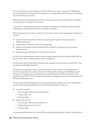 146	 Offshore Wind Roadmap for Vietnam
To increase the North-Central capacity, a 750 km, 500 kV-line is under construction.87 Additionally,
there are 25 substation extensions and line projects to be completed by 2025, including a transmission
line in the North-South corridor.
Additionally, there are 25 substation extension and line projects to be completed by 2025, including a
transmission line in the North-South corridor.
Future research and development is being conducted to upgrade the transmission network to higher
voltage levels, including 750 kV, 1,000 kV, and HVDC connections.
PDP 7 has proposed further ways in which the transmission network will be upgraded for the period up
to 2030.
	
■ Develop a 500 kV transmission network, connecting power systems among regions and
neighboring countries,
	
■ Develop 220 kV transmission grids with ring typology,
	
■ Research and build gas insulated substations GIS, 220/22 kV, underground, and unmanned
substations, and
	
■ Apply smart grid technologies in the transmission network.
The PDP 7 has estimated that the total investment capital required is approximately US$26 billion for
the period from 2021 to 2030 for power network development.
As of the end of 2018, 4,800 MW of wind power was included in the Government’s Revised PDP 7 with
an additional 7,400 MW proposed.88
The Vietnam Energy Outlook Report 2019 also considers various scenarios for energy balances.84
The C1 RE target assumes a wind penetration of 10 GW by 2030, including 2.5 GW offshore and 7.5
GW onshore. A study has been conducted which simulates this scenario with consideration of the
proposed works in PDP 7.83 It found regional interfaces have adequate capacity for transmission of the
additional installed generation.
For the purpose of estimating whether further upgrades may be necessary, this report considers two
scenarios which represent different levels of offshore wind penetration, these are:
	
■ Low growth scenario:
•	 Up to average 1.6 GW annual installation rate,
•	 5 GW by 2030, and
•	 35 GW by 2050.
	
■ High growth scenario:
•	 Up to average 3 GW annual installation rate,
•	 10 GW installed by end 2030, and
•	 70 GW by 2050.
This capacity will be located in the areas of offshore wind potential illustrated in Figure 3.1 (see Section 3).
75983_ESMAP_Tech Report VM Wind-NEW.indd 146
75983_ESMAP_Tech Report VM Wind-NEW.indd 146 3/19/21 12:25 PM
3/19/21 12:25 PM
 