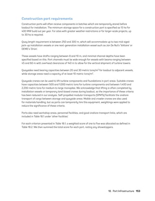 18.  Port Infrastructure	153
Construction port requirements
Construction ports will often receive components in batches which are temporarily stored before
loadout for installation. The minimum storage space for a construction port is specified as 13 ha for
400 MW build out per year. For sites with greater weather restrictions or for larger-scale projects, up
to 30 ha is required.
Quay length requirement is between 250 and 300 m, which will accommodate up to two mid-sized
jack-up installation vessels or one next-generation installation vessel such as Jan De Nul’s ‘Voltaire’ or
DEME’s ‘Orion’.
These vessels have drafts ranging between 8 and 10 m, and minimal channel depths have been
specified based on this. Port channels must be wide enough for vessels with beams ranging between
45 and 60 m with overhead clearances of 140 m to allow for the vertical shipment of turbine towers.
Quaysides need bearing capacities between 20 and 30 metric tons/m2 for loadout to adjacent vessels,
while storage areas need a capacity of at least 10 metric tons/m2.
Quayside cranes can be used to lift turbine components and foundations in port areas. Suitable cranes
have capacities between 500 and 1,000 metric tons for turbine components and between 1,400 and
2,200 metric tons for medium to large monopiles. We acknowledge that lifting is often completed by
installation vessels or temporary land-based cranes during loadout, so the importance of these criteria
has been reduced in our analysis. Self-propelled modular transports (SPMTs) facilitate the onshore
transport of cargo between storage and quayside areas. Mobile and crawler cranes are also used
for materials handling, but as ports can temporarily hire this equipment, weightings were applied to
reduce the significance of these criteria.
Ports also need workshop areas, personnel facilities, and good onshore transport links, which are
included in Table 18.1 under ‘other facilities’.
For each criterion presented in Table 18.1, a weighted score of one to five was allocated as defined in
Table 18.2. We then summed the total score for each port, noting any showstoppers.
75983_ESMAP_Tech Report VM Wind-NEW.indd 153
75983_ESMAP_Tech Report VM Wind-NEW.indd 153 3/19/21 12:25 PM
3/19/21 12:25 PM
 