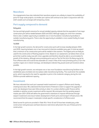 160	 Offshore Wind Roadmap for Vietnam
Nearshore
Our engagements have also indicated that nearshore projects are unlikely to impact the availability of
ports for large-scale projects, as smaller port options will continue to be used in conjunction with low
draft vessels such as barges with temporary cranes.
Port supply compared to demand
Early years
Our low and high growth scenarios for annual installed capacity indicate that the equivalent of one major
construction port will be needed between 2020 and 2023. Although supply can come from overseas,
there is also a realistic opportunity to establish one or more foundation manufacturing facilities in
suitable manufacturing ports. There is also the opportunity to establish a more coastal facility for tower
manufacturing.
To 2030
In the high growth scenario, the demand for construction ports will increase steadily between 2024
and 2030, requiring between one or two more ports to become available every year. In total we expect
that a minimum of six construction ports will be needed in this scenario. The largest ports are likely be
used for the construction of floating projects in time. Based on our assessment, we believe there are six
ports that could be ready now with minor upgrades and therefore should be able to accommodate for
growth of the industry, although some promising ports such as Tien Sa Port (4) in Da Nang may be far
from offshore sites and could be less desirable as a result. A few of the most promising ports (3, 6) in the
southern region are in inland riverways, and developers indicate they would avoid such locations where
possible.
In the high growth scenario, we anticipate one or two more foundation manufacturing facilities to be
established, plus one blade and one subsea cable manufacturing facility. This could strain the available
ports, which may lead to the need for upgrades to ports in the moderate category during the mid-
2020s to provide additional capacity.
Investment
We have indicated that each port assessed needs investment to support offshore wind, thereby
creating local value. We understand the Government of Vietnam is keen to support the upgrade of
ports, but developers have seen little activity to date. It is unclear whether public finance will be
available or whether private investment will be required. We anticipate that the pending seaport
master plan 2021–2030 will define the government’s intentions to improve efficiencies through
seaport investment and ensure holistic development of both ports and transport infrastructure. We
recommend that the seaport masterplan include specific consideration of offshore wind.
Detail scores for ports are provided in Table 18.4. Ports 12 and 13 have been shaded gray under
construction rating because overhead clearance restrictions will prevent the use of these ports for
construction.
75983_ESMAP_Tech Report VM Wind-NEW.indd 160
75983_ESMAP_Tech Report VM Wind-NEW.indd 160 3/19/21 12:25 PM
3/19/21 12:25 PM
 
