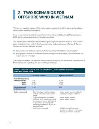 2	
2.  TWO SCENARIOS FOR
OFFSHORE WIND IN VIETNAM
Vietnam has a globally relevant offshore wind resource located close to their shores and population
centers and in relatively shallow water.
It has an opportunity to use this resource to generate up to almost 30 percent of its electricity by
2050, with the industry continuing to develop beyond this.
This report explores the impact of two different, possible growth scenarios chosen to cover realistic
paths for Vietnam in the context of its future electricity needs, as discussed in Section 8. The two
offshore wind growth scenarios represent:
	
■ Low growth: with moderate expansion of offshore wind and limited local industrialization
	
■ High growth: sufficient to drive realistic levels of competition, local supply chain investment, and
market-specific innovation
The differences between the scenarios are discussed in this section, and the headline characteristics of
the scenarios, also beyond volume, are summarized in Table 2.1.
TABLE 2.1: CHARACTERISTICS OF THE TWO MARKET DEVELOPMENT SCENARIOS
EXPLORED FOR VIETNAM
Low Growth Scenario High Growth Scenario
Cumulative operating
capacity in 2030
2035
2050
5 GW
11 GW
35 GW
10 GW
25 GW
70 GW
Maximum annual
installation rate
1.6 GW 3 GW
Policy environment •	 Good visibility of installation target
to 2030, with link to cost reduction
target
•	 Competitive auctions introduced
•	 No formal local content requirement,
but developers have to submit plans
to government for creating and
sustaining local benefits as part of
auction process
•	 Local focus encouraged
•	 As low growth scenario, but better
visibility and higher confidence
•	 As low growth scenario
•	 As low growth scenario
•	 Collaboration with overseas
companies and export encouraged
through government programs
75983_ESMAP_Tech Report VM Wind-NEW.indd 2
75983_ESMAP_Tech Report VM Wind-NEW.indd 2 3/19/21 12:25 PM
3/19/21 12:25 PM
 