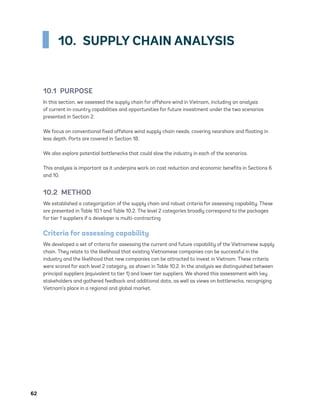 62	
10.  SUPPLY CHAIN ANALYSIS
10.1 PURPOSE
In this section, we assessed the supply chain for offshore wind in Vietnam, including an analysis
of current in-country capabilities and opportunities for future investment under the two scenarios
presented in Section 2.
We focus on conventional fixed offshore wind supply chain needs, covering nearshore and floating in
less depth. Ports are covered in Section 18.
We also explore potential bottlenecks that could slow the industry in each of the scenarios.
This analysis is important as it underpins work on cost reduction and economic benefits in Sections 6
and 10.
10.2 METHOD
We established a categorization of the supply chain and robust criteria for assessing capability. These
are presented in Table 10.1 and Table 10.2. The level 2 categories broadly correspond to the packages
for tier 1 suppliers if a developer is multi-contracting.
Criteria for assessing capability
We developed a set of criteria for assessing the current and future capability of the Vietnamese supply
chain. They relate to the likelihood that existing Vietnamese companies can be successful in the
industry and the likelihood that new companies can be attracted to invest in Vietnam. These criteria
were scored for each level 2 category, as shown in Table 10.2. In the analysis we distinguished between
principal suppliers (equivalent to tier 1) and lower tier suppliers. We shared this assessment with key
stakeholders and gathered feedback and additional data, as well as views on bottlenecks, recognizing
Vietnam’s place in a regional and global market.
75983_ESMAP_Tech Report VM Wind-NEW.indd 62
75983_ESMAP_Tech Report VM Wind-NEW.indd 62 3/19/21 12:25 PM
3/19/21 12:25 PM
 