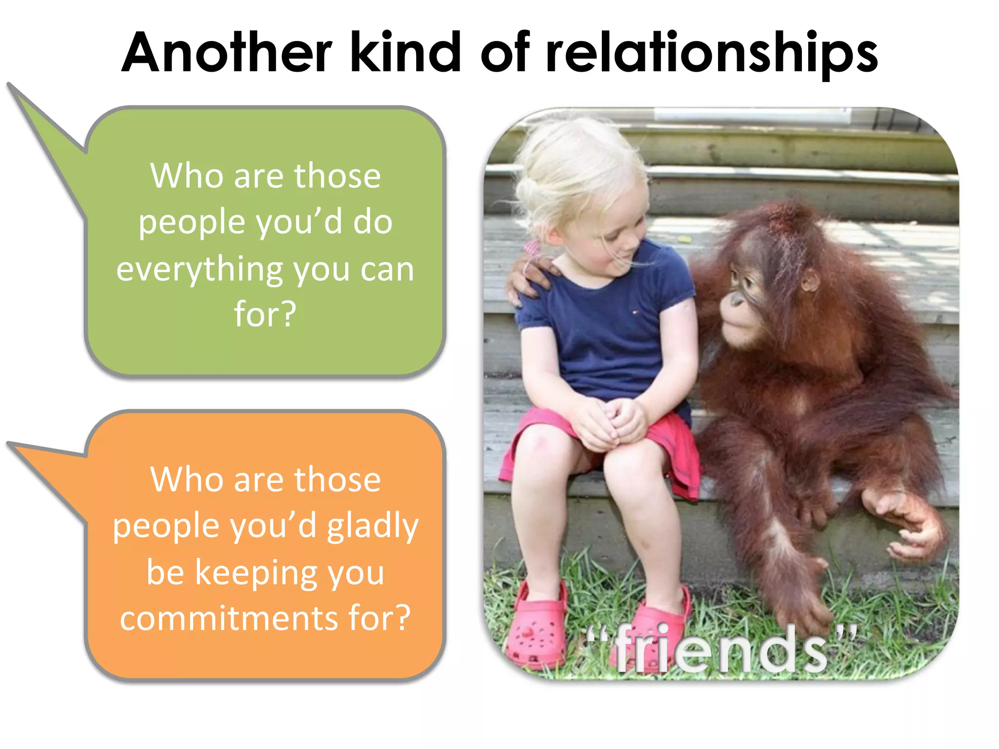 Another kind of relationships

  Who	
  are	
  those	
  
 people	
  you’d	
  do	
  
everything	
  you	
  can	
  
         for?	
  	
  



  Who	
  are	
  those	
  
people	
  you’d	
  gladly	
  
  be	
  keeping	
  you	
  
commitments	
  for?	
  
 