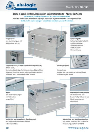www.alu-logic.eu10
Abwehr Box NA 740
Stapelecken
aus Aluminiumguss mit
Spritzgußverfahren.
Steifungsrippen
Umlaufende
Rippen und Eck-Rippen je nach Größe zur
Aussteifung der Boxen.
Federfallgriﬀe
Schwerlast Federfallgriﬀe
mit Rückholfeder
aus Edelstahl und
mit Kunststoﬀ
Ummantelung.
Klappverschluss/-haken aus Aluminium/Edelstahl,
40mm breit.
Korrosionsbeständig, für Einbauschloss, Bügelschloss
(Bügeldurchm. max. 6mm) oder Plombe vorbereitet.
Vernietet mit 4 Vollnieten zu dem Mantel.
Stärke in Details versteckt, materialisiert als einheitliche Härte – AbwehrBoxNA740
IHR VORTEIL: TATSÄCHLICHER WERT MIT DAUERHAFTER LEISTUNG
Produkte bieten viele. Wir liefern Lösungen. Lösungen in jedem Detail für Leistung entworfen.
Nichts mehr, nichts weniger – erstellt die Substanz unserer Produkten.
Niete
Alle Nietverbindungen
mit Vollnieten
ausgeführt.
Spaltfreier und belastbarer Überlappstoß
des Mantelbleches mit hochfesten
Schweißpunkten.
Aussteifung aus Aluminiumproﬁlen
Der Boden zusätzlich mit Aluminium
Versteifungsproﬁlen verstärkt.
Edelstahlscharnierbänder
im Blechmantel und
Deckel Vollproﬁl vernietet.
(Absicherung gegen
Ausreißen).
 