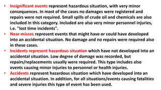• Insignificant events represent hazardous situation, with very minor
consequences. In most of the cases no damages were registered and
repairs were not required. Small spills of crude oil and chemicals are also
included in this category. Included are also very minor personnel injuries,
i.e. "lost time incidents".
• Near-misses represent events that might have or could have developed
into an accidental situation. No damage and no repairs were required also
in these cases.
• Incidents represent hazardous situation which have not developed into an
accidental situation. Low degree of damage was recorded, but
repairs/replacements usually were required. This type includes also
events causing minor injuries to personnel or health injuries.
• Accidents represent hazardous situation which have developed into an
accidental situation. In addition, for all situations/events causing fatalities
and severe injuries this type of event has been used.
 