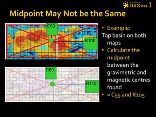 Example: Top basin on both maps  Calculate the midpoint  between the gravimetric and magnetic centres found = C55 and R105 Midpoint May Not be the Same C50 R100 C60 R110 
