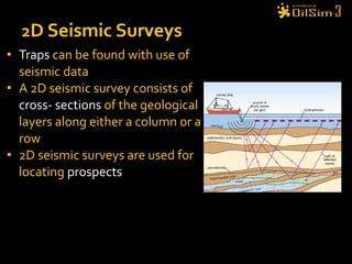 Traps  can be found with use of seismic data A 2D seismic survey consists of  cross- sections  of the geological layers along either a column or a row 2D seismic surveys are used for locating   prospects 2 D Seismic Surveys 