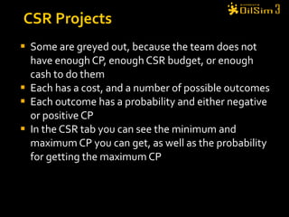 Some are greyed out, because the team does not have enough CP, enough CSR budget, or enough cash to do them Each has a cost, and a number of possible outcomes Each outcome has a probability and either negative or positive CP In the CSR tab you can see the minimum and maximum CP you can get, as well as the probability for getting the maximum CP CSR Projects  