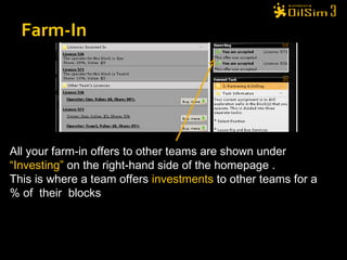 Farm-In All your farm-in offers to other teams are shown under  “ Investing ”   on the right-hand side of the homepage .  This is where a team offers  investments  to other teams for a % of  their  blocks 