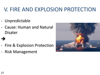 V. FIRE AND EXPLOSION PROTECTION
- Unpredictable
- Cause: Human and Natural
Disater

- Fire & Explosion Protection
- Risk Management
27
 