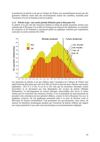 Draft version 9 November 10
la production de pétrole et de gaz en Afrique de l'Ouest sera essentiellement assurée par des
gisements offshores situés dans des environnements marins très sensibles, essentiels pour
l´économie et la survie humaine à travers la pêche.
1.1.2 Pétrole et gaz - une courte période d'histoire pour le Royaume Uni
Le pétrole et le gaz sont des ressources limitées et même de grands gisements comme ceux
exploités par le Royaume Uni en Mer du Nord peuvent s'épuiser très rapidement. Le ministère
du commerce et de l'industrie a récemment publié un graphique montrant que l'exploitation
serait plus ou moins terminée d'ici 2020.
Les gisements de pétrole et de gaz offshore dans l´écorégion de l´Afrique de l'Ouest sont
jugés beaucoup plus petits que ceux de la Mer du Nord, ils peuvent donc s'épuiser encore plus
rapidement - d'ici 8 à 15 ans. Il est de ce fait vital que les économies nationales restent
diversifiées et ne deviennent pas trop dépendantes des revenus du pétrole (Maladie
Hollandaise). Le développement de sources d'énergie renouvelables doit suivre le même
rythme que les extractions des ressources fossiles. Il est recommandé aux gouvernements de
procéder à des estimations de leur potentiel offshore, comme l'a fait le Royaume Uni avec le
graphique ci-dessus. De tels graphiques pourraient aider à la prise de décision avant la
délivrance de licences d'exploitation. Cela permettrait aux gouvernements, entre autres, de
mesurer les bénéfices économiques produits par l'extraction de pétrole offshore par rapport
aux risques potentiels et aux coûts socio-économiques et environnementaux impliqués.
 
