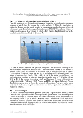 Draft version 9 November 27
Doc. 6. Graphique illustrant les impacts complexes sur les espèces à valeur commerciales au cours de
l'exploitation de pétrole offshore (tiré de Patin, 1999)
2.4.1 Les différentes méthodes d'extraction de pétrole offshore
Autrefois des plateformes fixes étaient utilisées pour l'extraction du pétrole, mais comme on a
recherché le pétrole dans des eaux de plus en plus profondes (≥ 200m), les installations de
production flottants sont devenus la solution la plus courante pour l'exploitation offshore. Il
existe quatre types d'installations de production flottants : FPSO/FSO (Installation flottante de
production, de stockage et de transfert du pétrole), TLP (Tension Leg Platform), Spar et des
installations semi-submersibles (voir document 7).
Doc. 7. Les différents équipements de production offshore (site Internet Modec Inc.)
Les FPSOs, d'abord destinées aux gisements marginaux, ont été ensuite utilisés pour les
découvertes plus importantes. Au cours des 10 dernières années, les FPSOs sont devenus la
solution préférée pour l'exploitation de gisements dans de nombreux endroits du monde.
Petro-Maritime Consulting estime que sur les 10 prochaines années, 100 nouveaux FPSOs
seront nécessaires (liste Lloyds, 2000, 2001, et 2003). La région ouest-africaine, tout
particulièrement, constitue un important marché en expansion pour les FPSOs (liste Lloyds,
2003 et 2004). Le premier gisement de pétrole en Mauritanie, le champ Chinguetti, sera
également exploité à l'aide d'un FPSO. Puisque les FPSOs sont très probablement l'option
d'exploitation retenue pour la plupart des gisements offshore dans l'écorégion marine ouest-
africaine, le reste de ce rapport se concentrera sur ce type particulier d'installation de
production flottante.
2.4.2 Etudes sismiques
Les études sismiques constituent la première étape dans l'exploitation du pétrole offshore.
Cela consistent à générer des ondes sonores puissantes, généralement d´une basse fréquence.
Leur réflexion depuis le fond de la mer et les couches souterraines fournit des données sur le
potentiel en pétrole et en gaz de la zone (Woodside, 2003). L'industrie et certains scientifiques
estiment que les études sismiques n'ont que des effets limités et temporaires; le son produit est
comparable en magnitude à beaucoup de sons produits naturellement ou causés par d´autres
activités humaines (OGP/IACG, 2004).
 