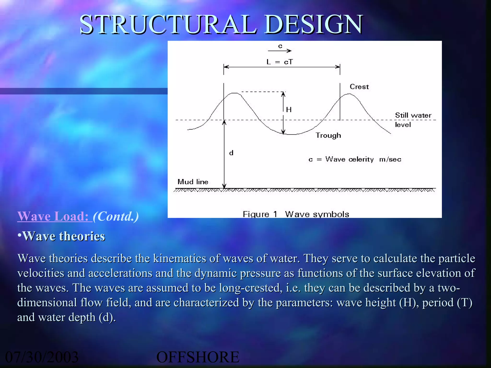 STRUCTURAL DESIGN




 Wave Load: (Contd.)
 •Wave theories
 Wave theories describe the kinematics of waves of water. They serve to calculate the particle
 velocities and accelerations and the dynamic pressure as functions of the surface elevation of
 the waves. The waves are assumed to be long-crested, i.e. they can be described by a two-
 dimensional flow field, and are characterized by the parameters: wave height (H), period (T)
 and water depth (d).


07/30/2003                   OFFSHORE
 