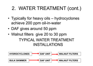 2. WATER TREATMENT (cont.)
• Typically for heavy oils – hydrocyclones
achieve 200 ppm oil-in-water
• DAF gives around 50 ppm
• Walnut filters give 20 to 30 ppm
TYPICAL WATER TREATMENT
INSTALLATIONS
HYDROCYCLONES DAF UNIT WALNUT FILTERS
BULK SKIMMER DAF UNIT WALNUT FILTERS
 