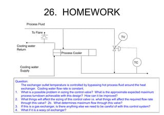 26. HOMEWORK
TC
Cooling water
Supply
Process Fluid
Process Cooler
TV
Cooling water
Return
Question:
The exchanger outlet temperature is controlled by bypassing hot process fluid around the heat
exchanger. Cooling water flow rate is constant.
1. What is a possible problem in sizing the control valve? What is the approximate expected maximum
process turndown achievable with this design? How can it be improved?
2. What things will affect the sizing of this control valve i.e. what things will affect the required flow rate
through this valve? 2b. What determines maximum flow through this valve?
3. If this is a gas exchanger, is there anything else we need to be careful of with this control system?
4. What if it is a waxy oil exchanger?
To Flare
 