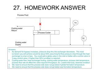 27. HOMEWORK ANSWER
TC
Cooling water
Supply
Process Fluid
Process Cooler
TV
Cooling water
Return
Answers:
1. As demand for bypass increases, pressure drop thru the exchanger decreases. The most
turndown you will achieve would be about 50% assuming full flow pressure drop through the heat
exchanger is a bar or less. You could add a globe valve in the inlet or better still a control valve or
3-way control valve, if higher than 50% turndown is required.
2. Cooling water flow, heat exchanger fouling, cooling water temperature, process inlet temperature,
process flow rate all affect the valve required throughput. 2b. Lowest heat duty, cleanest condition
3. We need to ensure that the process side does not go below hydrate formation temperature.
4. We need to ensure that the process side does not go below wax formation temperature.
 
