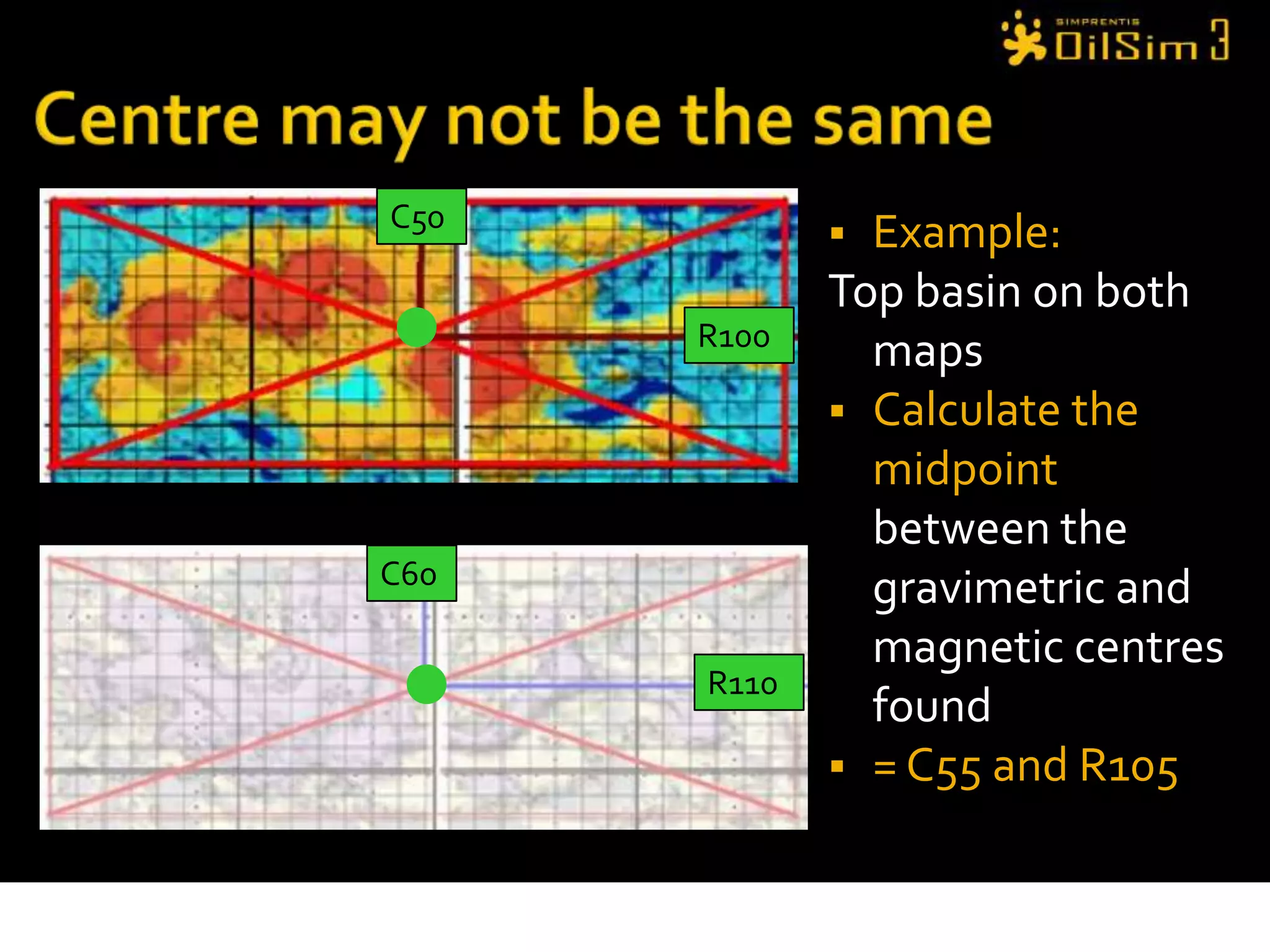 Centre may not be the sameExample:Top basin on both maps Calculate the midpoint between the gravimetric and magnetic centres found= C55 and R105C50R100C60R110